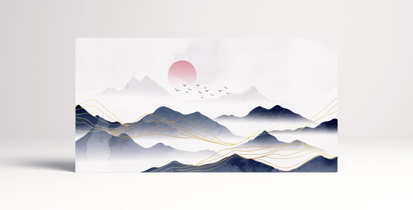 Japan Blue Mountains White Background Illustration Wall Art Framed Canvas Print