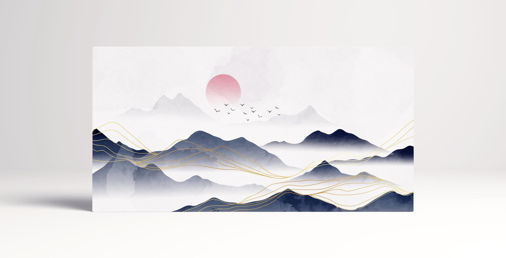 Japan Blue Mountains White Background Illustration Wall Art Framed Canvas Print