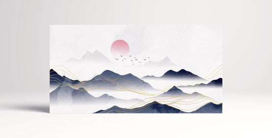 Japan Blue Mountains White Background Illustration Wall Art Framed Canvas Print