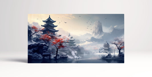 Pagoda River Snow Mountains Japan Anime Home Gift Landscape Wall Art Framed Canvas Print