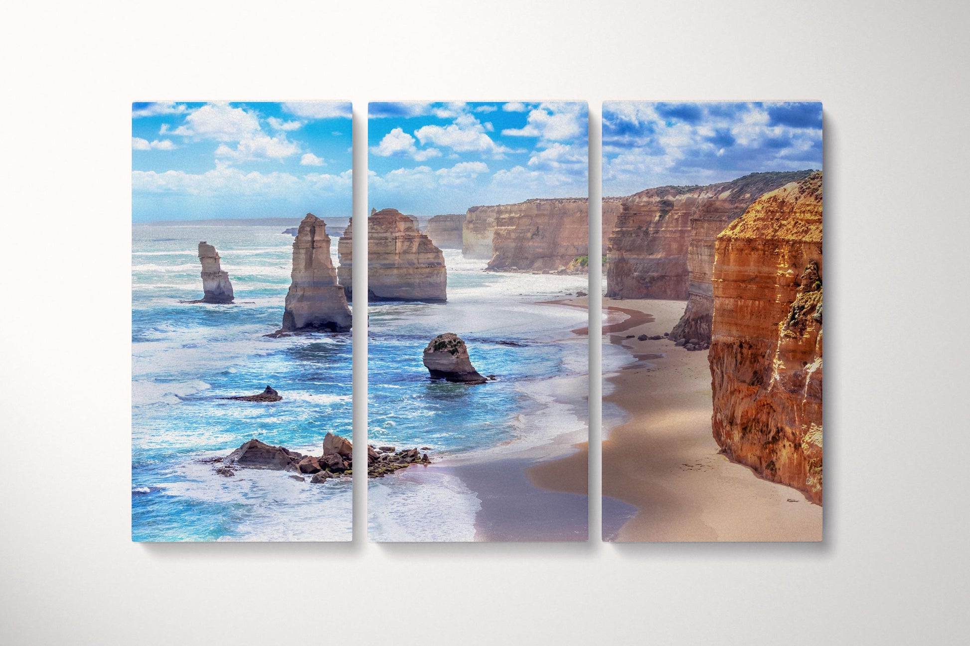 Twelve Apostles and Orange Cliffs Along the Great Ocean Road, Australia Framed Canvas Eco Leather Print Triptych
