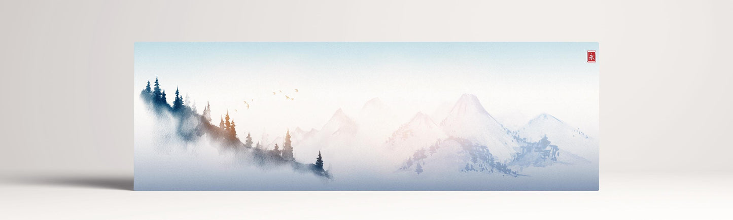 Japanese Mountain Blue Tones Landscape Wall Art Framed Eco Leather Canvas Print 100x30 cm