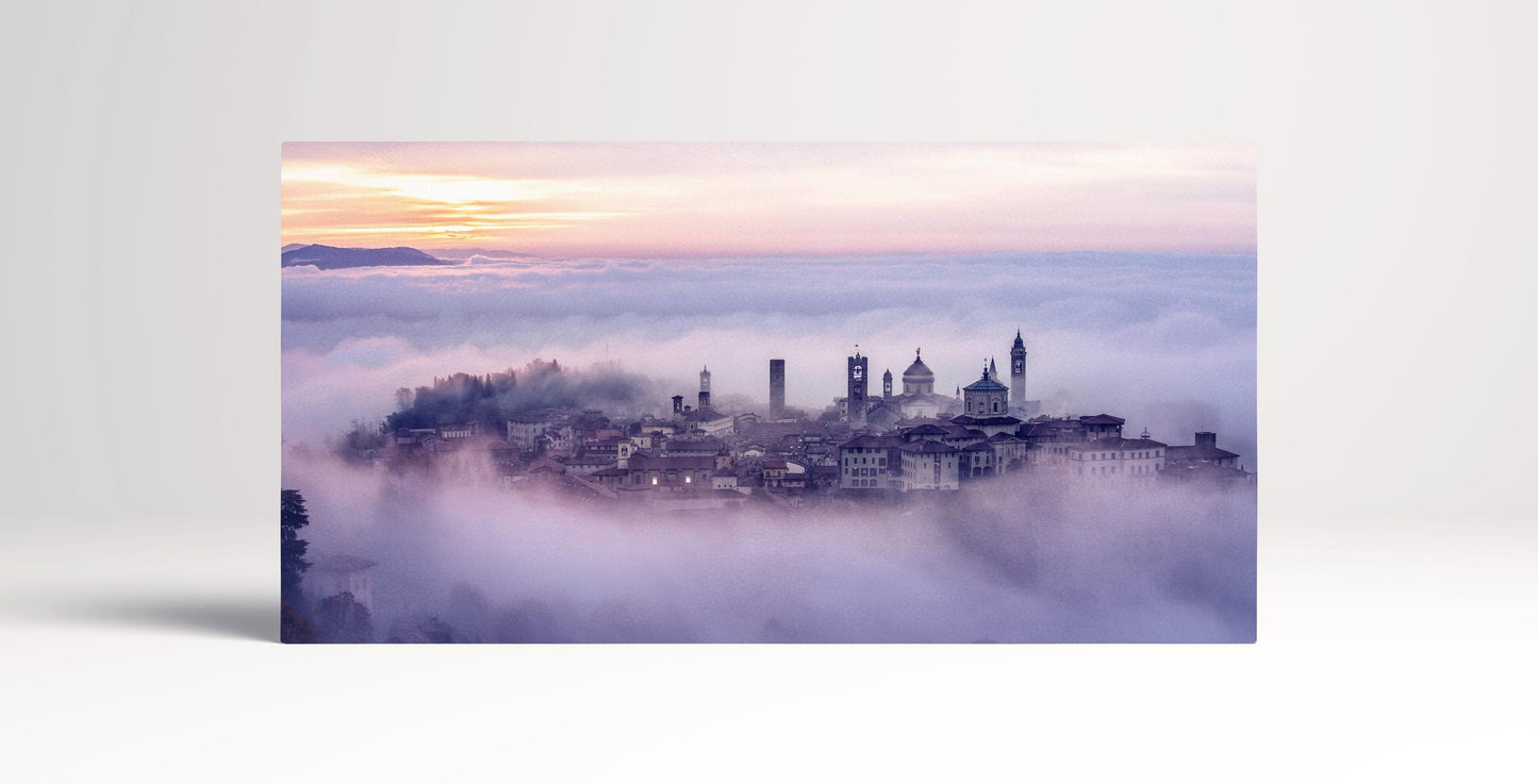 Foggy Bergamo sunrise from above wall art framed eco leather canvas print