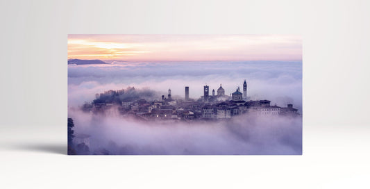 Foggy Bergamo sunrise from above wall art framed eco leather canvas print