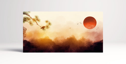 Japan Mountain Misty Dawn Illustration Wall Art Framed Canvas Print
