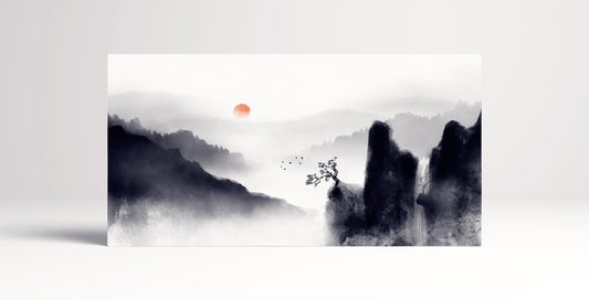 Oriental Art Mountain Landscape Black And White Red Sun Wall Art Framed Canvas Print
