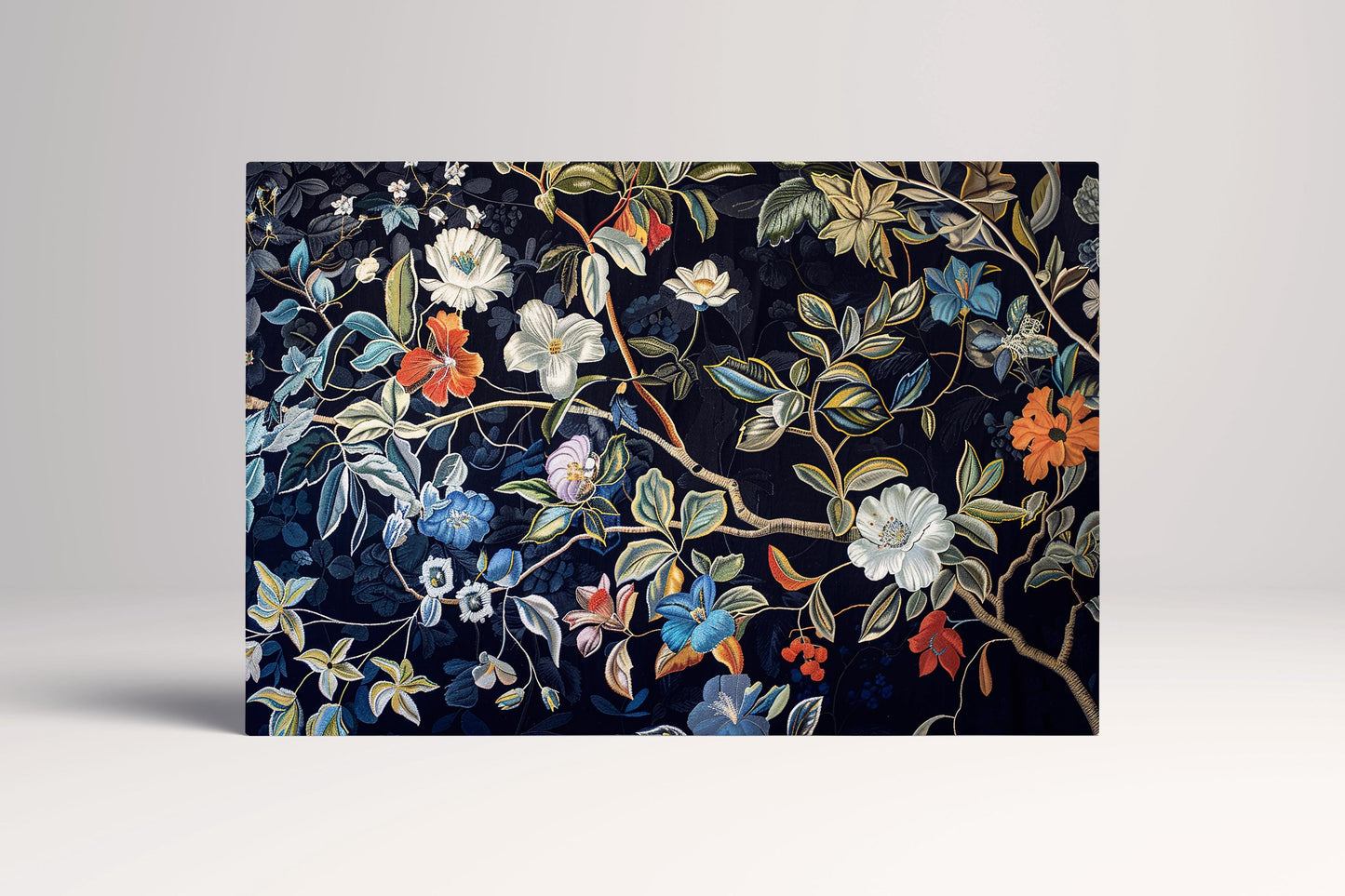 Elegant Floral Blue Background Eco-Leather Canvas Wall Art Print