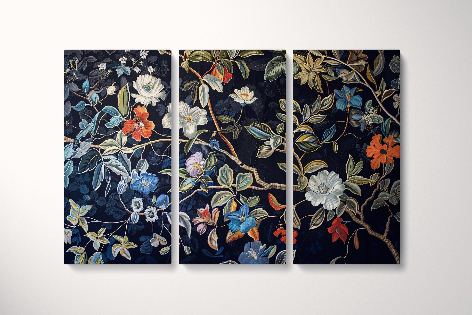 Elegant Floral Blue Background Eco-Leather Canvas Wall Art Print Triptych