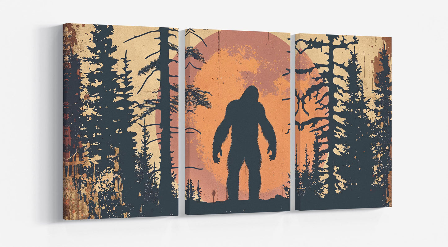 Bigfoot Silhouette in the Forest Wall Art Canvas Eco Leather Print Triptych
