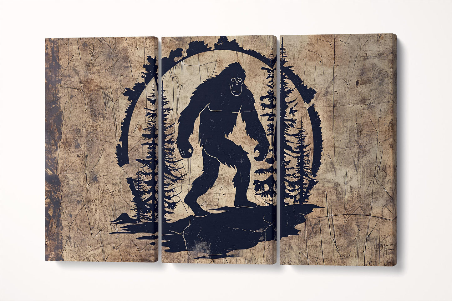 Legend of the Wild Bigfoot Silhouette Wall Art Eco Leather Canvas Print Triptych 3D