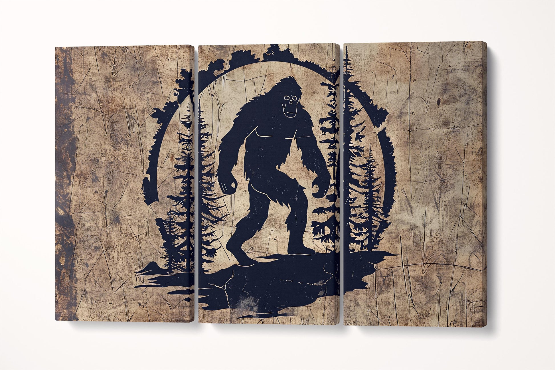 Legend of the Wild Bigfoot Silhouette Wall Art Eco Leather Canvas Print Triptych 3D