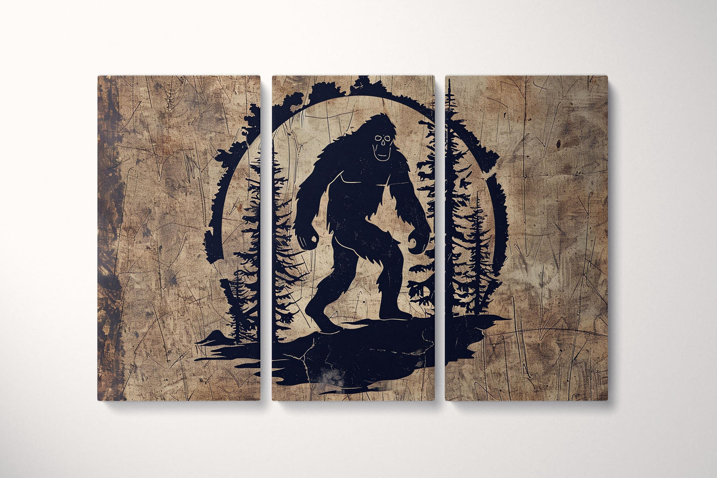 Legend of the Wild Bigfoot Silhouette Wall Art Eco Leather Canvas Print Triptych