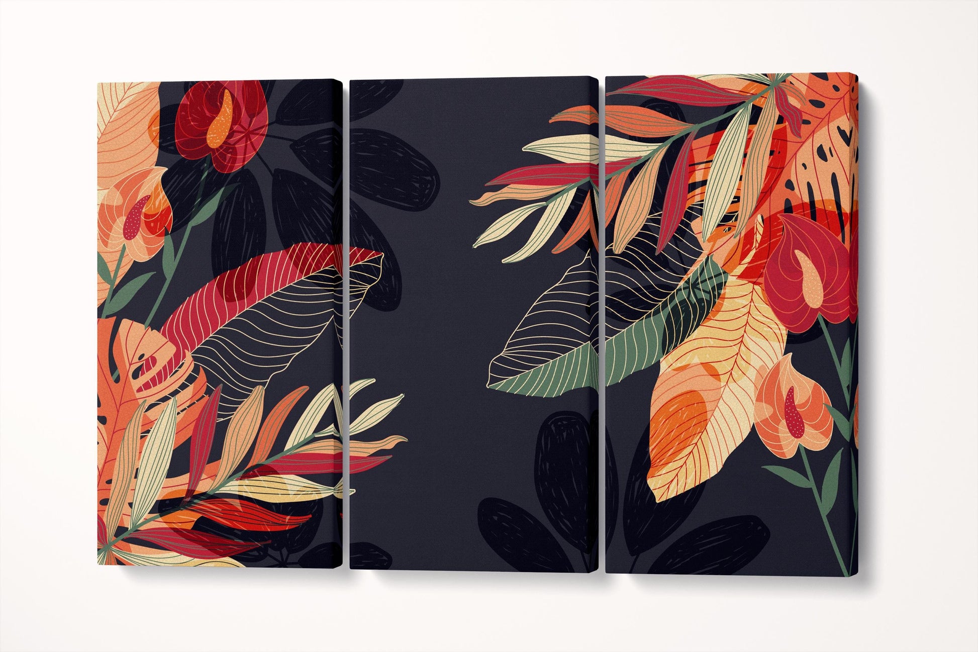 Tropical Noir Exotic Foliage Art Vibrant Wall Art Eco Leather Print Triptych 3D