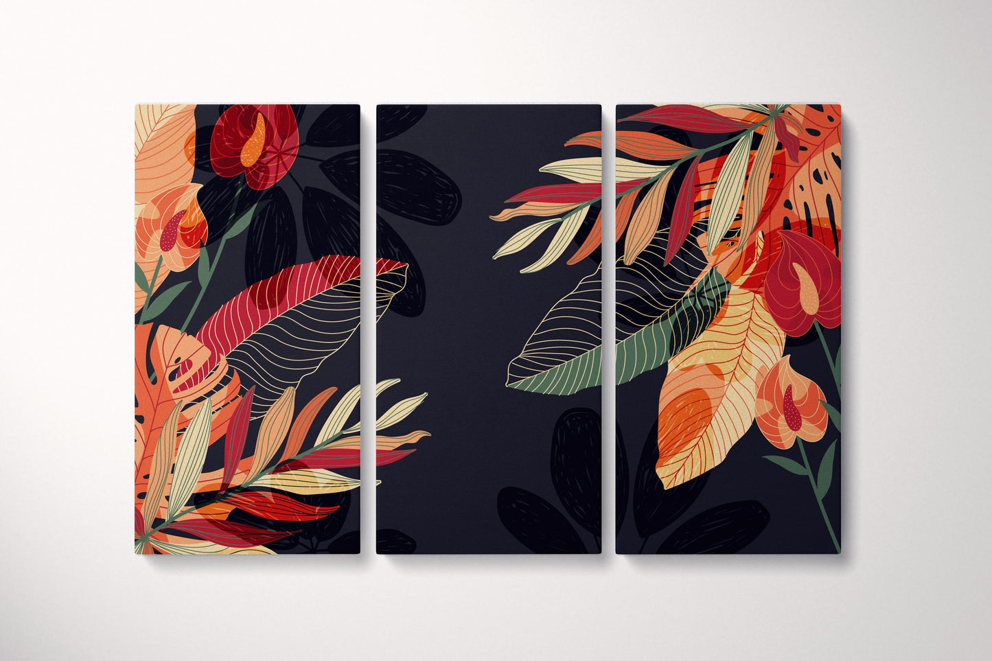 Tropical Noir Exotic Foliage Art Vibrant Wall Art Eco Leather Print Triptych