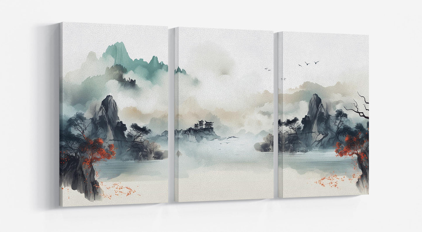 Misty Mountain Serenity Traditional Chinese Shan Shui Art Wall Art Eco Leather Canvas Print Triptych