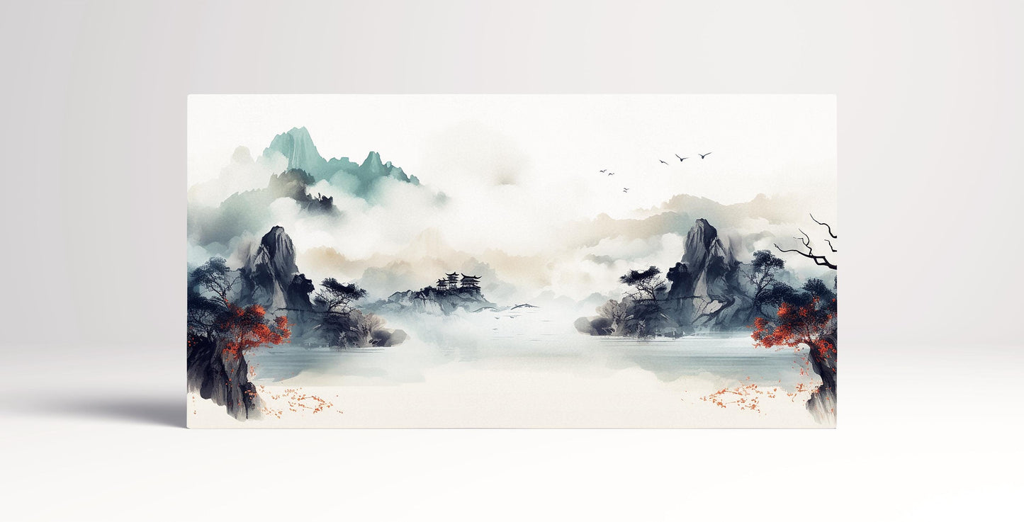 Misty Mountain Serenity Traditional Chinese Shan Shui Art Wall Art Eco Leather Canvas Print