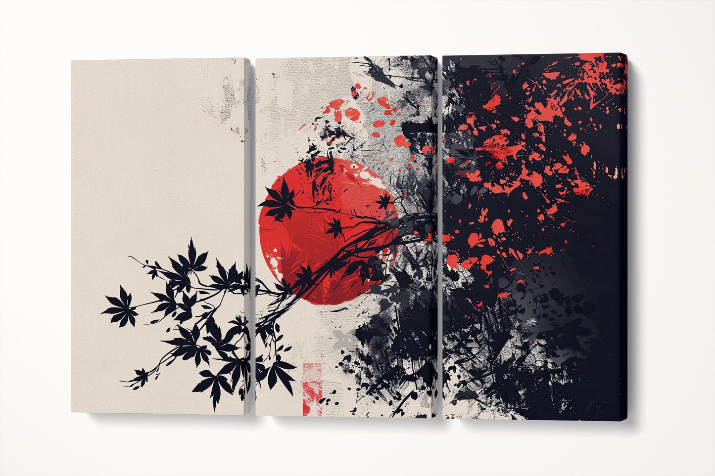 Chaos of the Rising Sun Japanese Ink Wall Art Eco Leather Canvas Print Triptych 3D