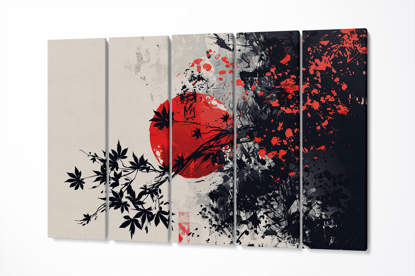 Chaos of the Rising Sun Japanese Ink Wall Art Eco Leather Canvas Print 5 Panels