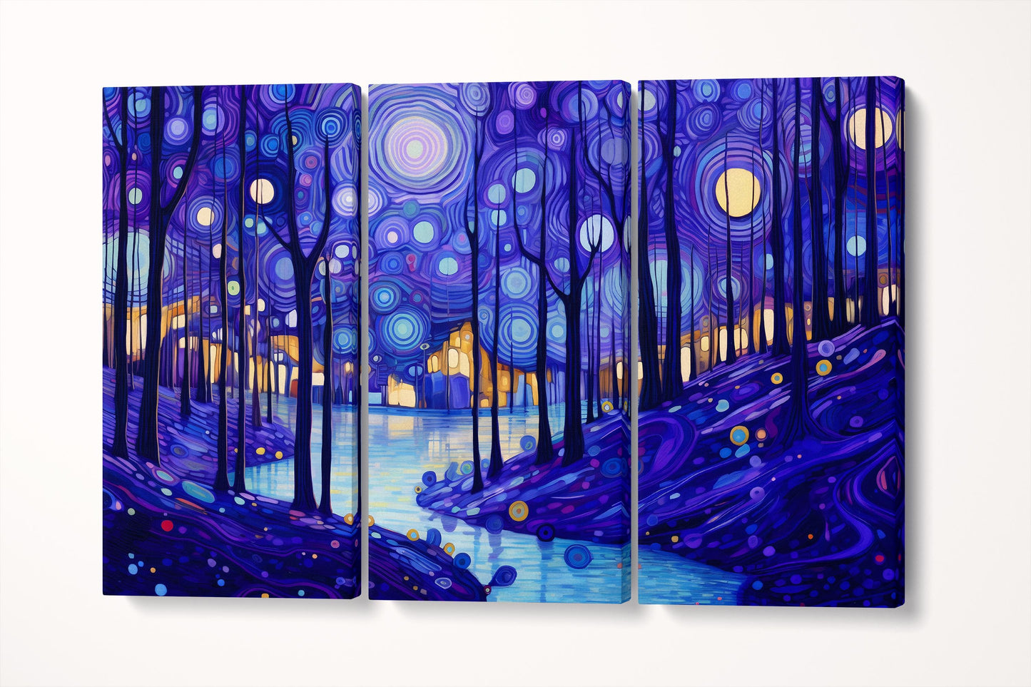 Starry Twilight Forest Van Gogh Inspired Wall Art Eco Leather Canvas Print Triptych 3D