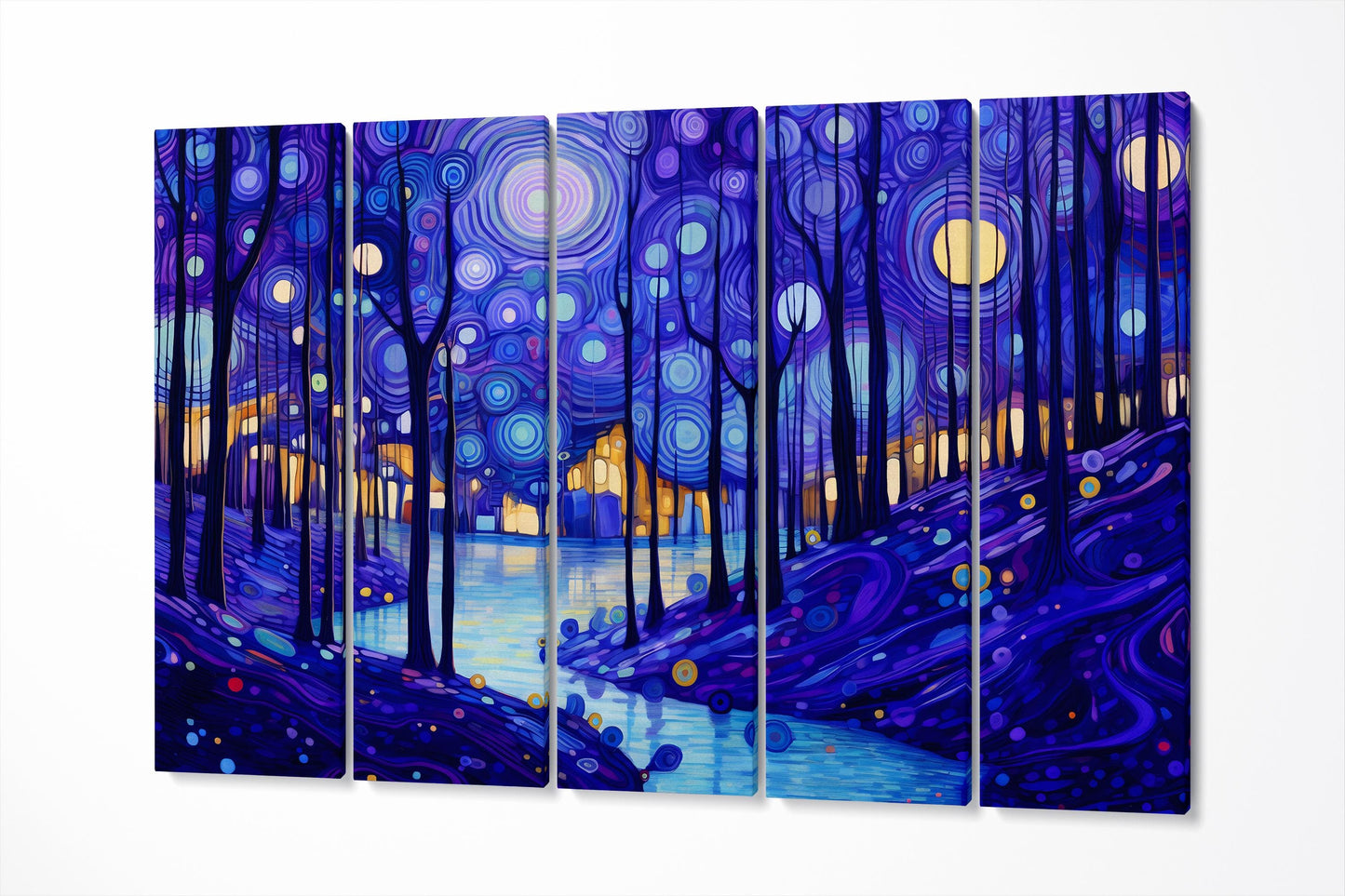 Starry Twilight Forest Van Gogh Inspired Wall Art Eco Leather Canvas Print 5 Panels