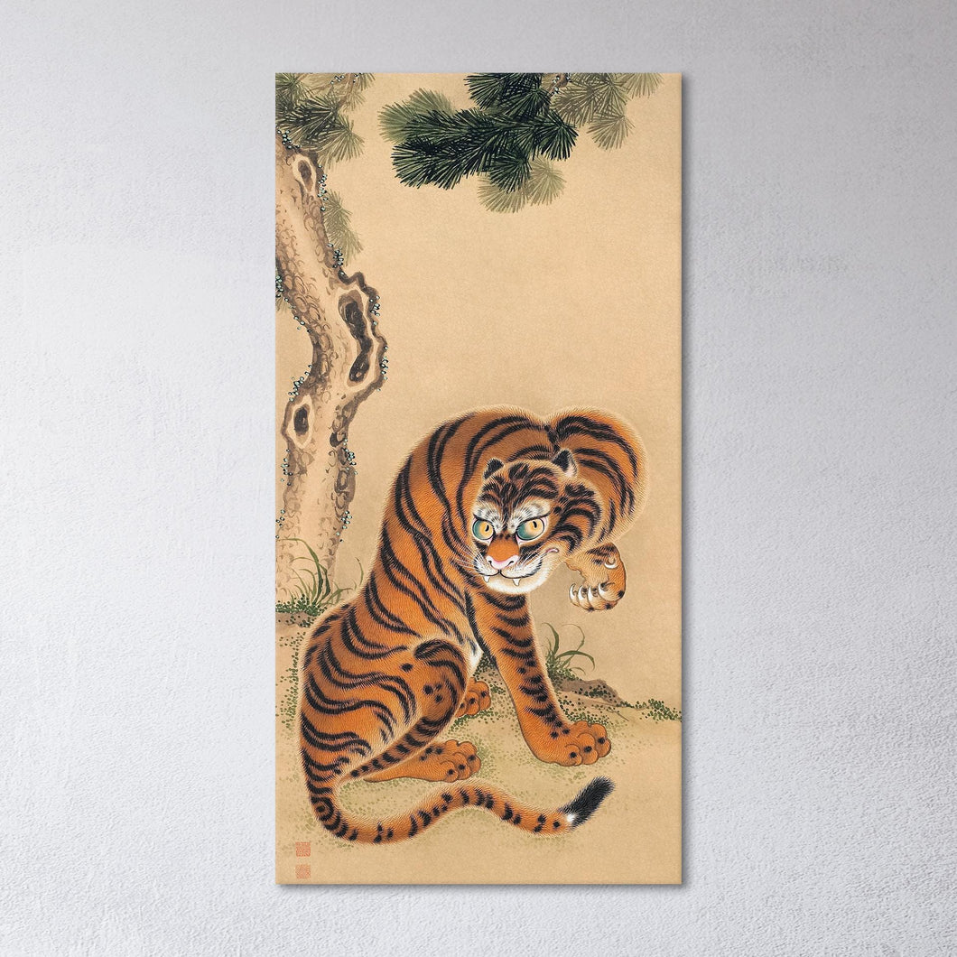 Kawanabe Kyōsai Tiger Cleaning Its Paw Japanese Wall Art Canvas Vegan Leather Print Closeup