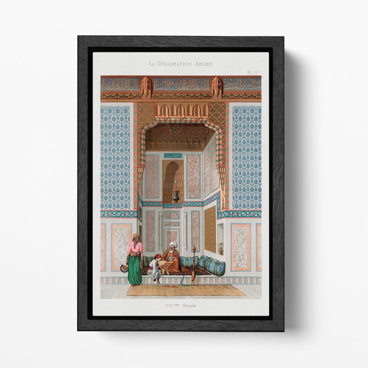 Arabesque Interior with Family 17th Century Islamic Wall Art Vegan Leather Print  Black Frame