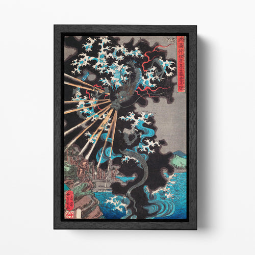 Raiko Battles Dragon by Kuniyoshi Japanese Ukiyo-e Wall Art Eco Leather Reproduction Canvas Black Frame