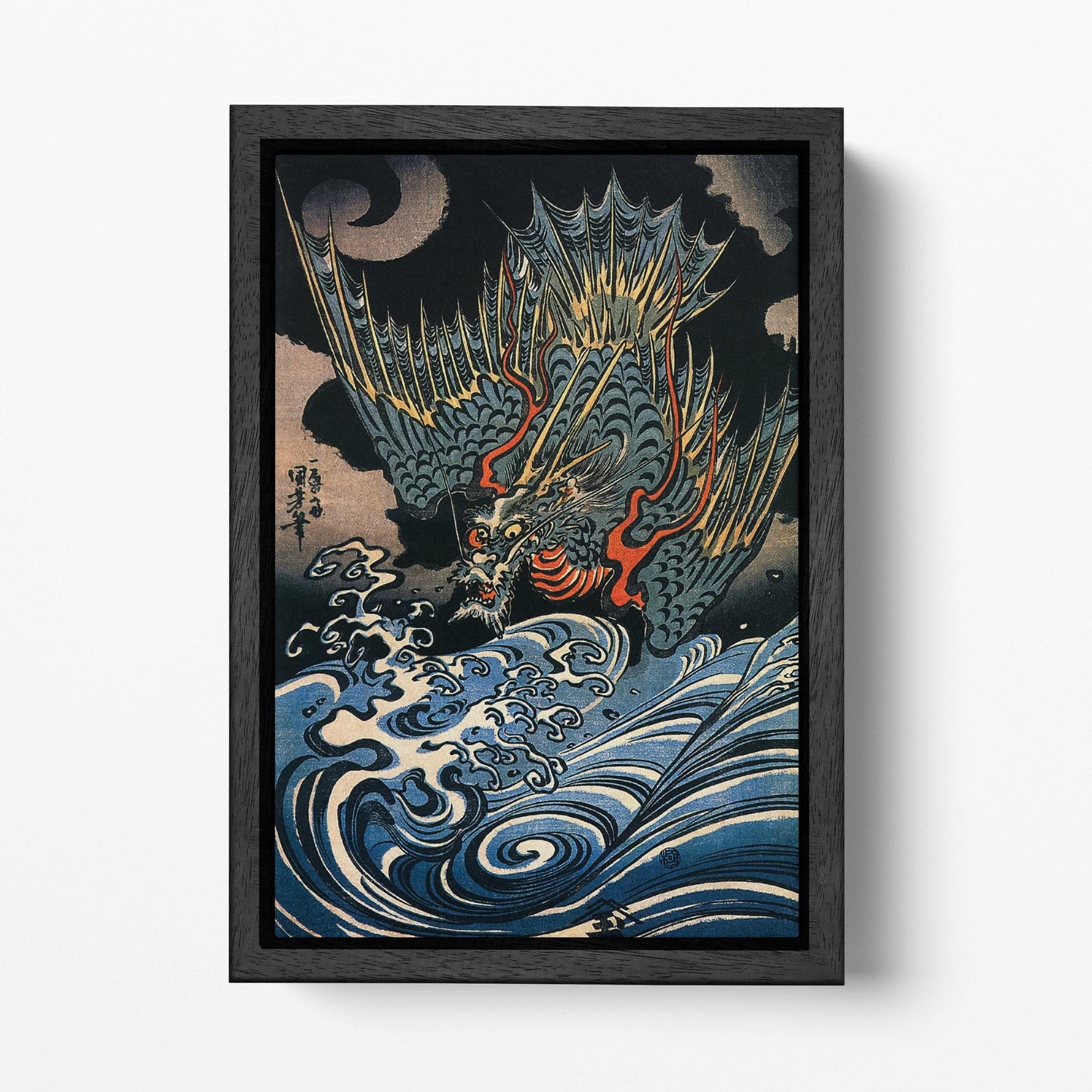 Dragon Rising Kuniyoshi Japanese Ukiyo-e Wall Art Eco Leather Reproduction Canvas Black Frame
