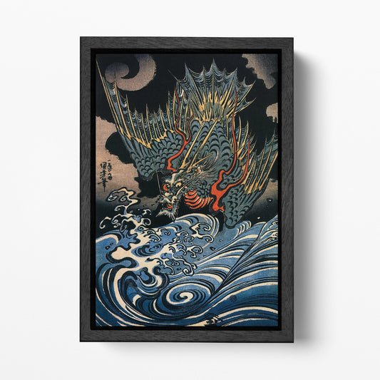 Dragon Rising Kuniyoshi Japanese Ukiyo-e Wall Art Eco Leather Reproduction Canvas Black Frame