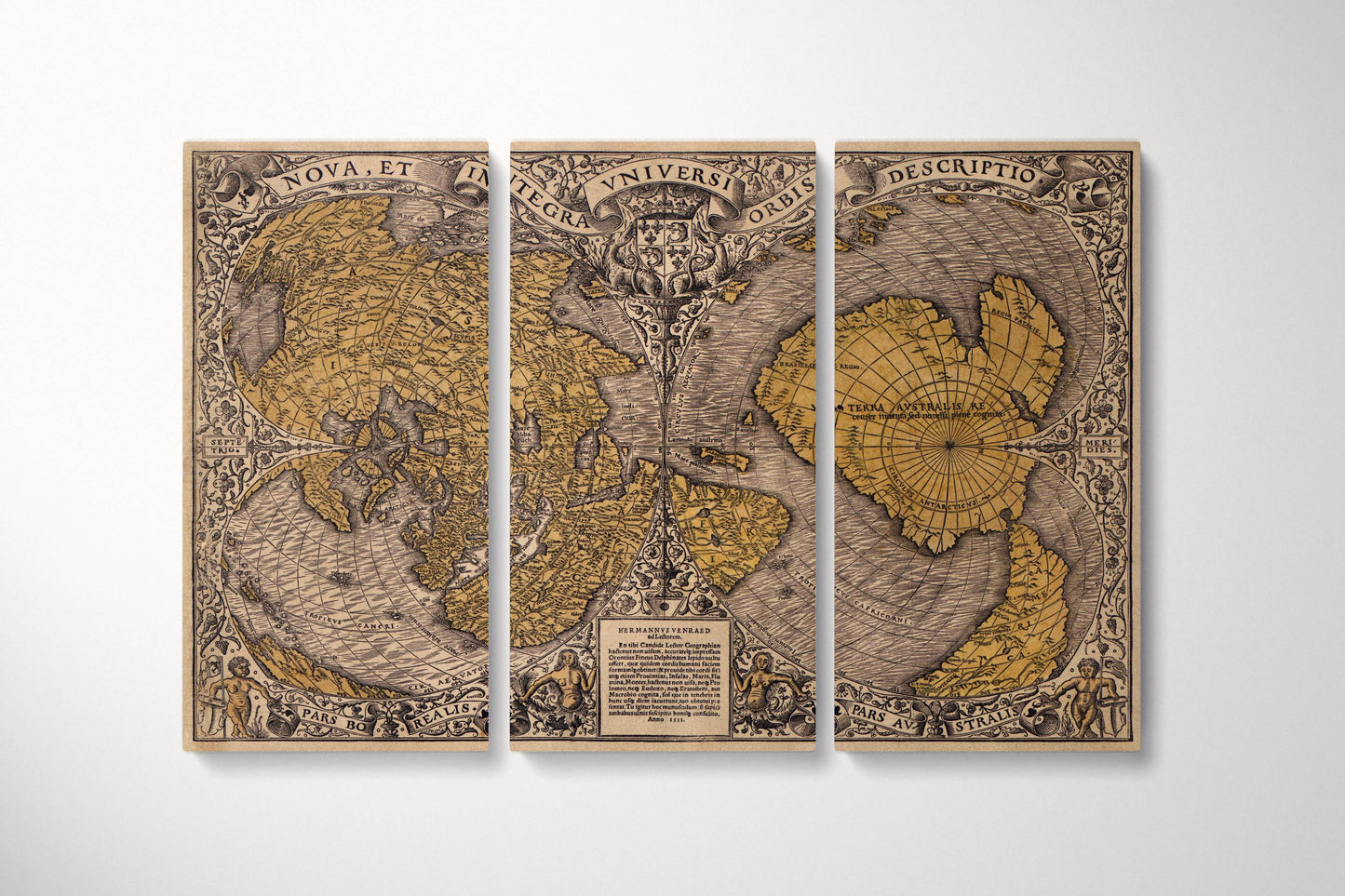 1531 Oronce Finé Vintage Map Of The World Wall Art Canvas Eco Leather Print Tryptich