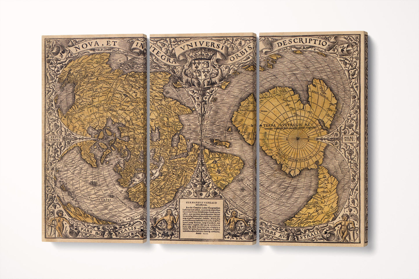 1531 Oronce Finé Vintage Map Of The World Wall Art Canvas Eco Leather Print Tryptich 3D
