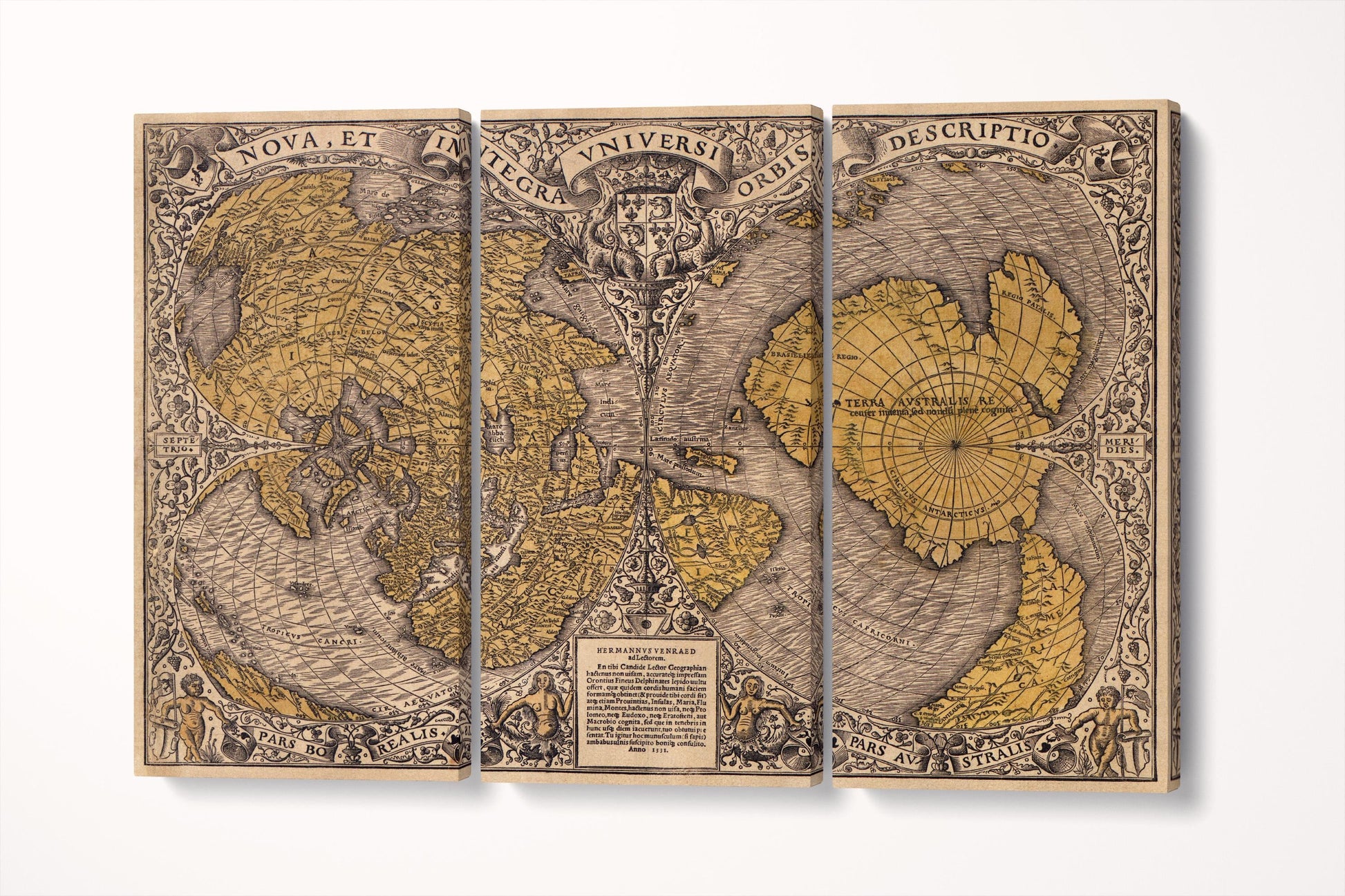 1531 Oronce Finé Vintage Map Of The World Wall Art Canvas Eco Leather Print Tryptich 3D