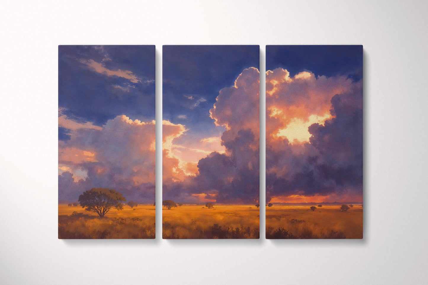Golden Savanna Sunset Dramatic Cloud Landscape Wall Art Home Gift Eco Leather Print Triptych