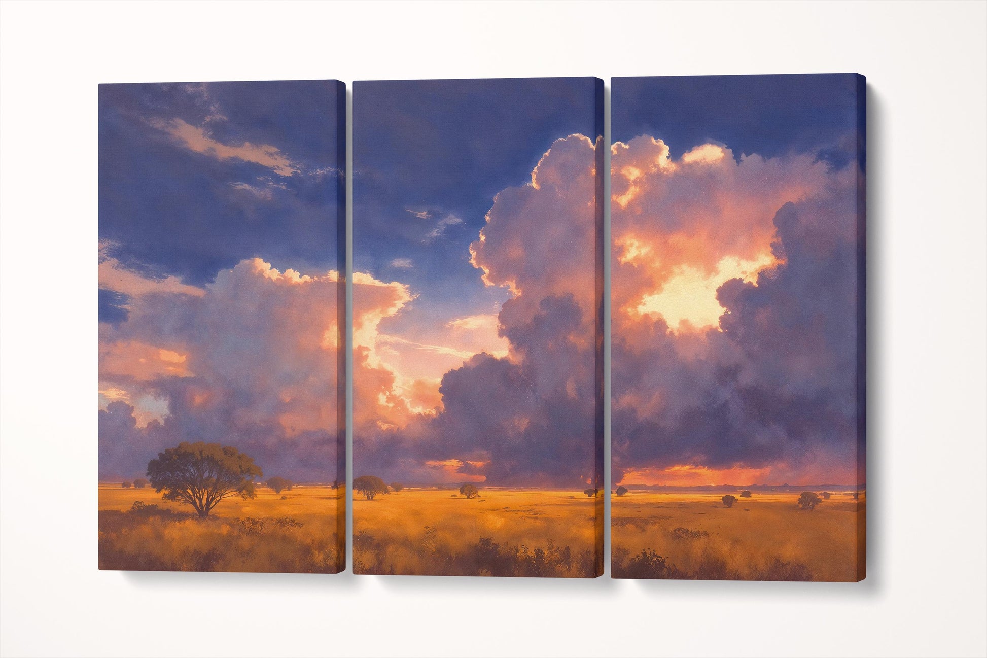 Golden Savanna Sunset Dramatic Cloud Landscape Wall Art Home Gift Eco Leather Print Triptych 3D