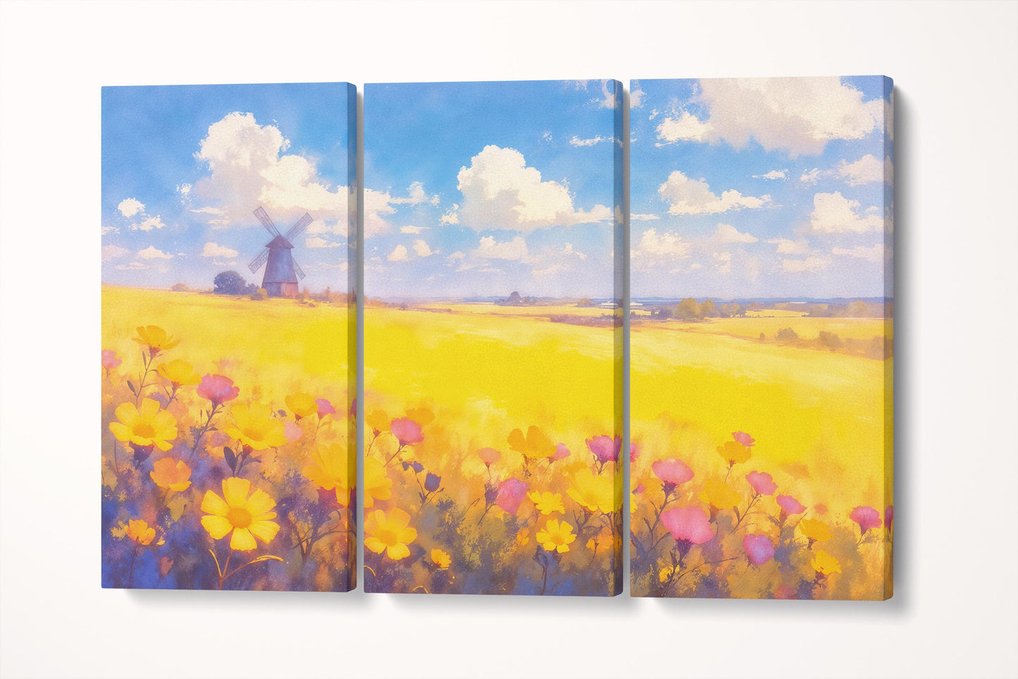 Countryside Bloom Yellow Floral Field with Windmill Wall Art Home Gift Eco Leather Print Triptych 3D