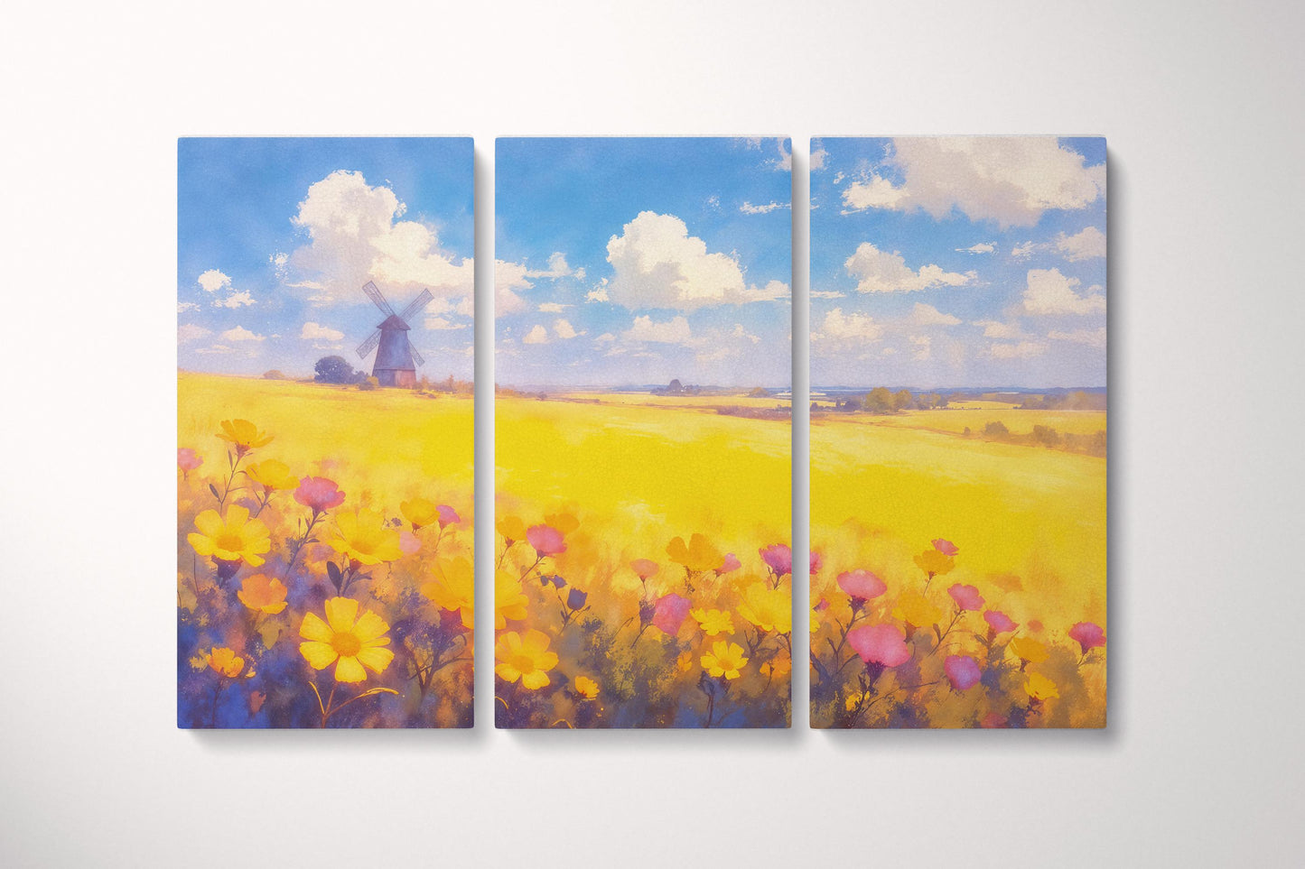 Countryside Bloom Yellow Floral Field with Windmill Wall Art Home Gift Eco Leather Print Triptych