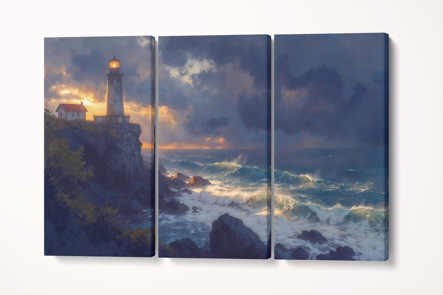 Stormwatch Beacon Dramatic Lighthouse Ocean Scene Wall Art Home Gift Eco Leather Print Triptych 3D