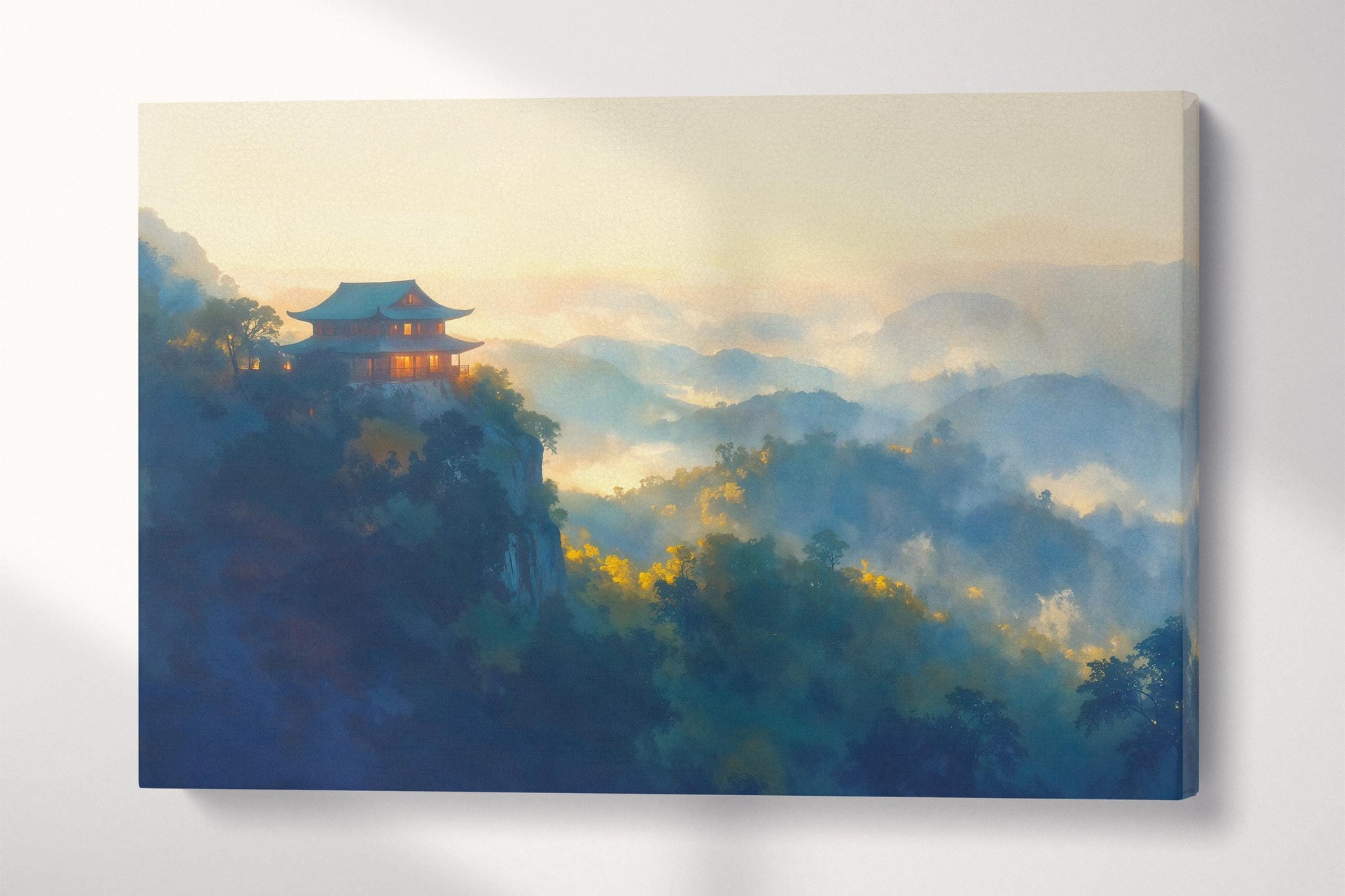 Misty Temple Japanese Landscape Illustration Wall Art Home Gift Eco Leather Print 3D