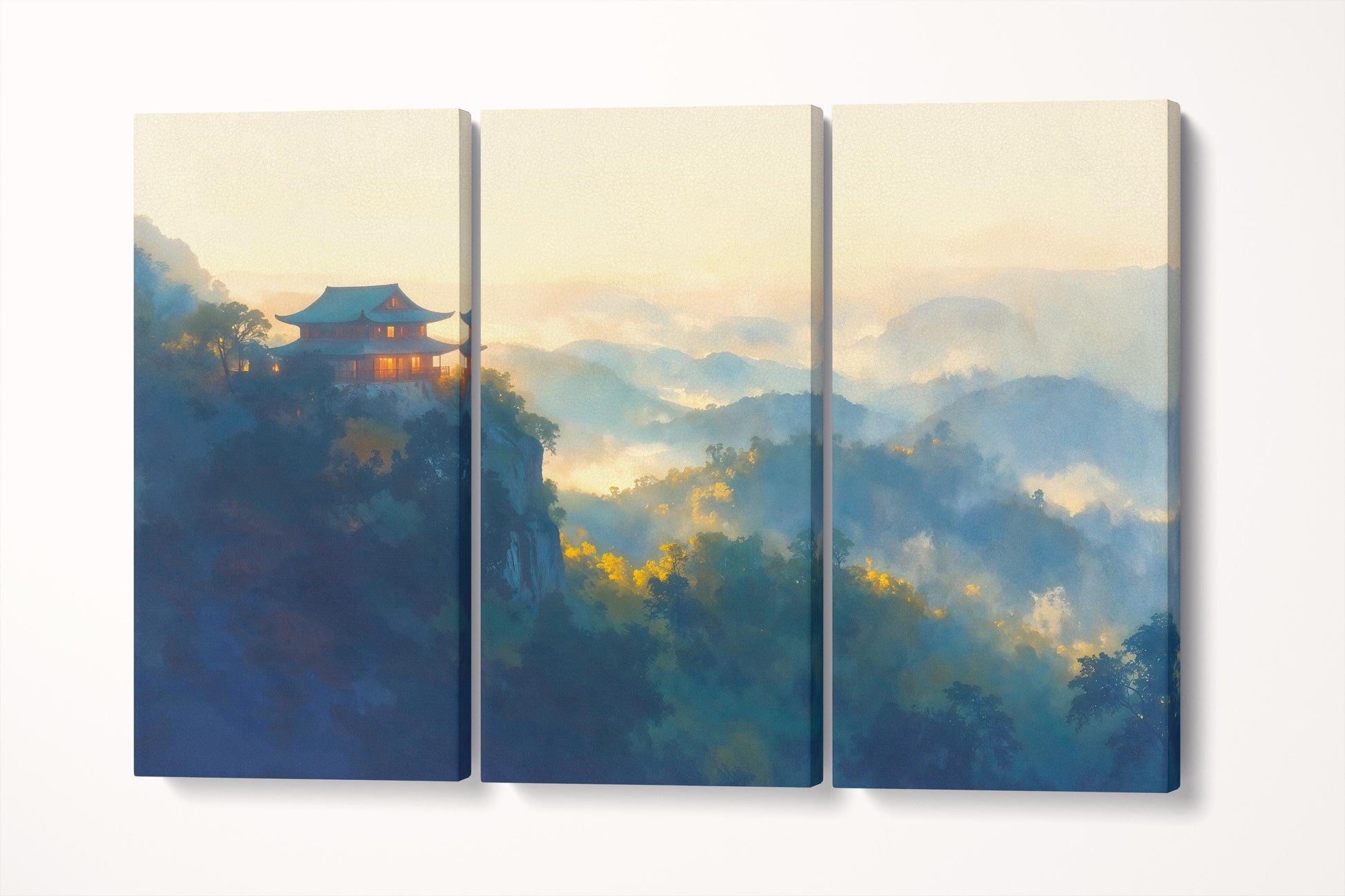 Misty Temple Japanese Landscape Illustration Wall Art Home Gift Eco Leather Print Triptych 3D