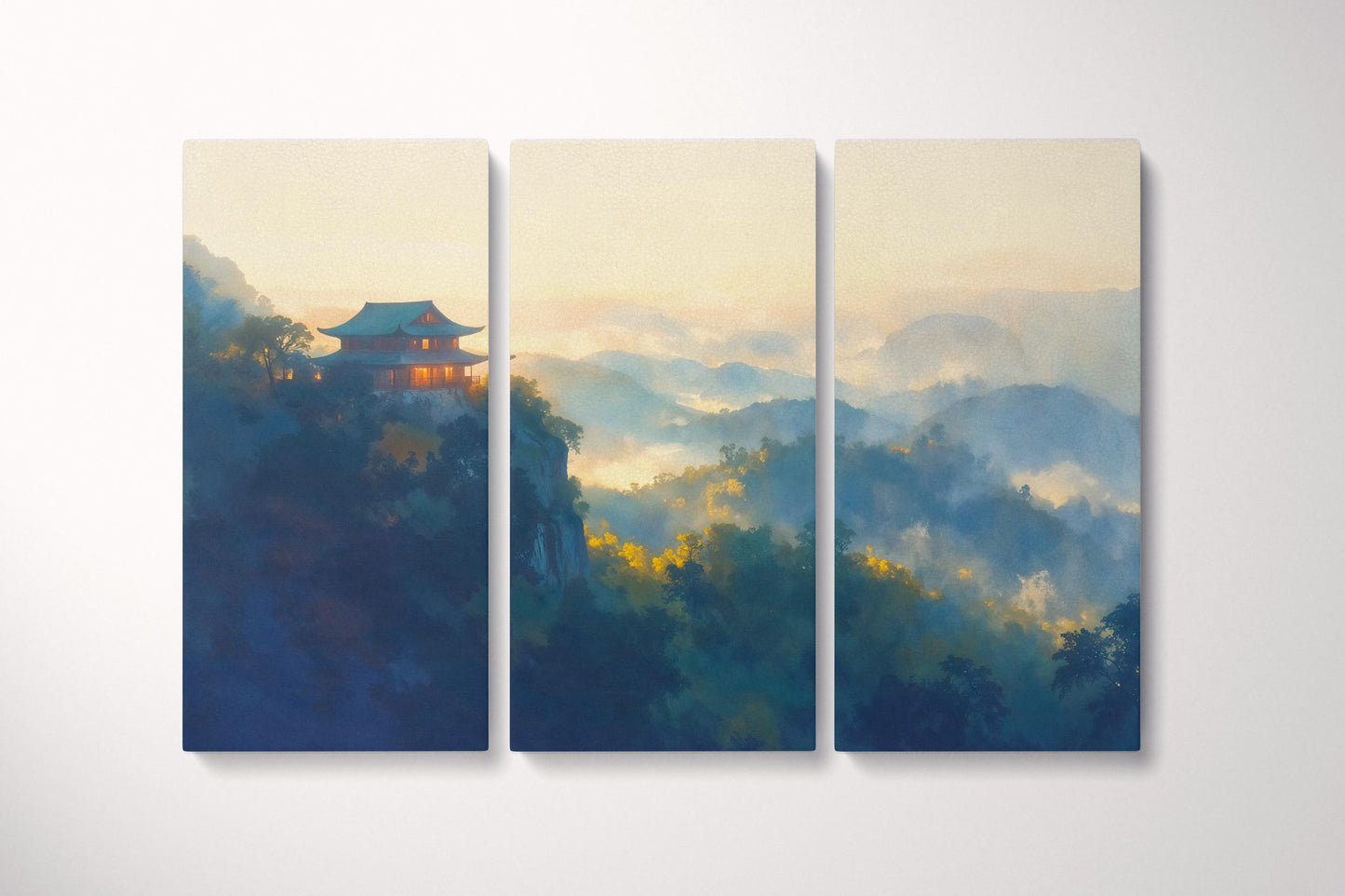 Misty Temple Japanese Landscape Illustration Wall Art Home Gift Eco Leather Print Triptych