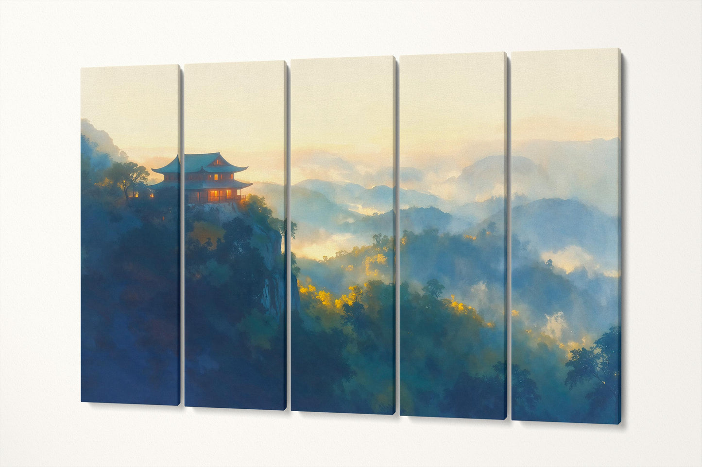 Misty Temple Japanese Landscape Illustration Wall Art Home Gift Eco Leather Print 5 Panels