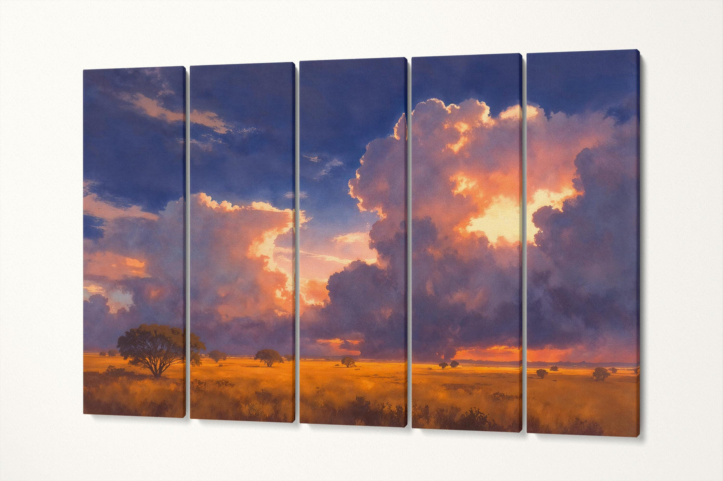 Golden Savanna Sunset Dramatic Cloud Landscape Wall Art Home Gift Eco Leather Print 5 Panels