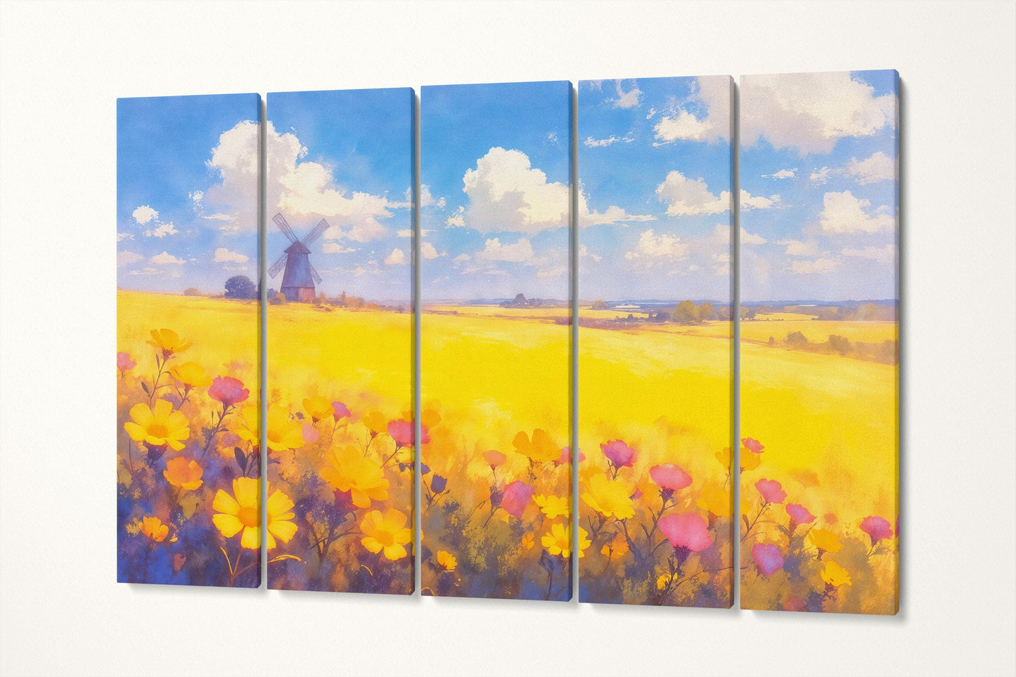 Countryside Bloom Yellow Floral Field with Windmill Wall Art Home Gift Eco Leather Print 5 Panels