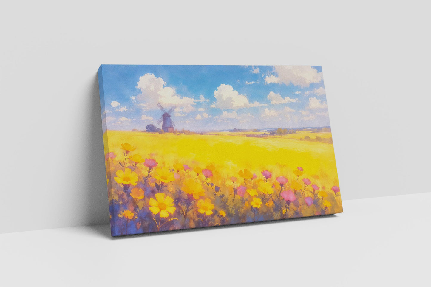 Countryside Bloom Yellow Floral Field with Windmill Wall Art Home Gift Eco Leather Print Floor