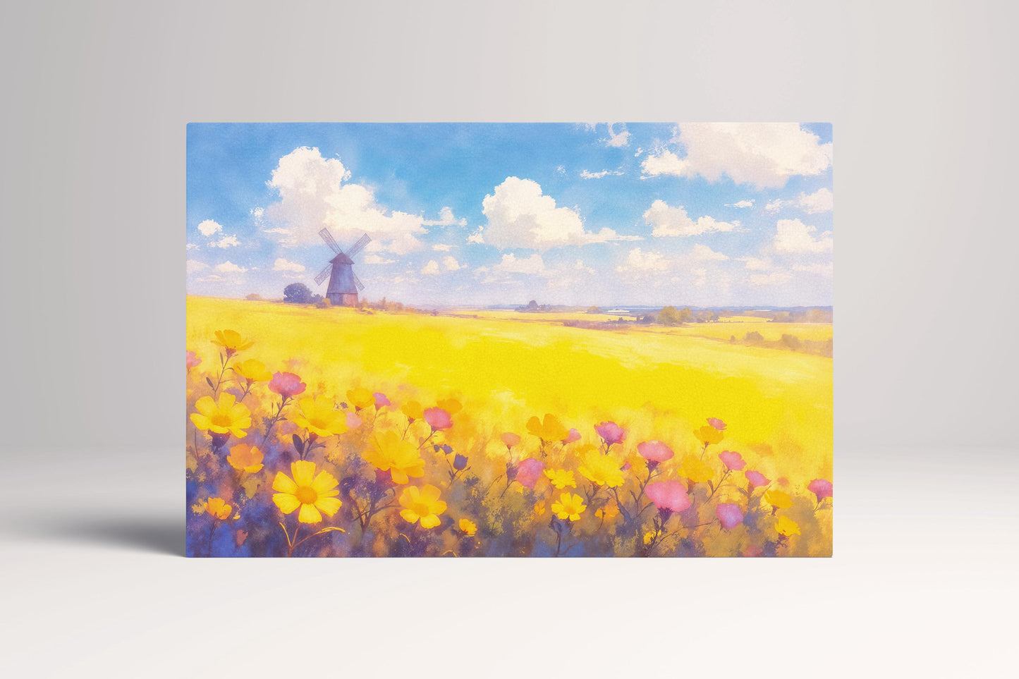 Countryside Bloom Yellow Floral Field with Windmill Wall Art Home Gift Eco Leather Print