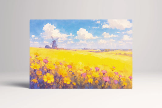 Countryside Bloom Yellow Floral Field with Windmill Wall Art Home Gift Eco Leather Print