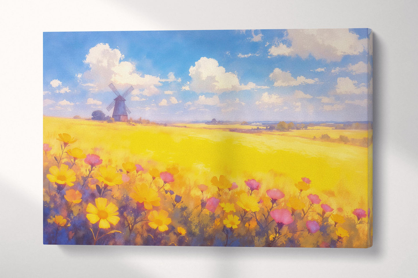 Countryside Bloom Yellow Floral Field with Windmill Wall Art Home Gift Eco Leather Print 3D