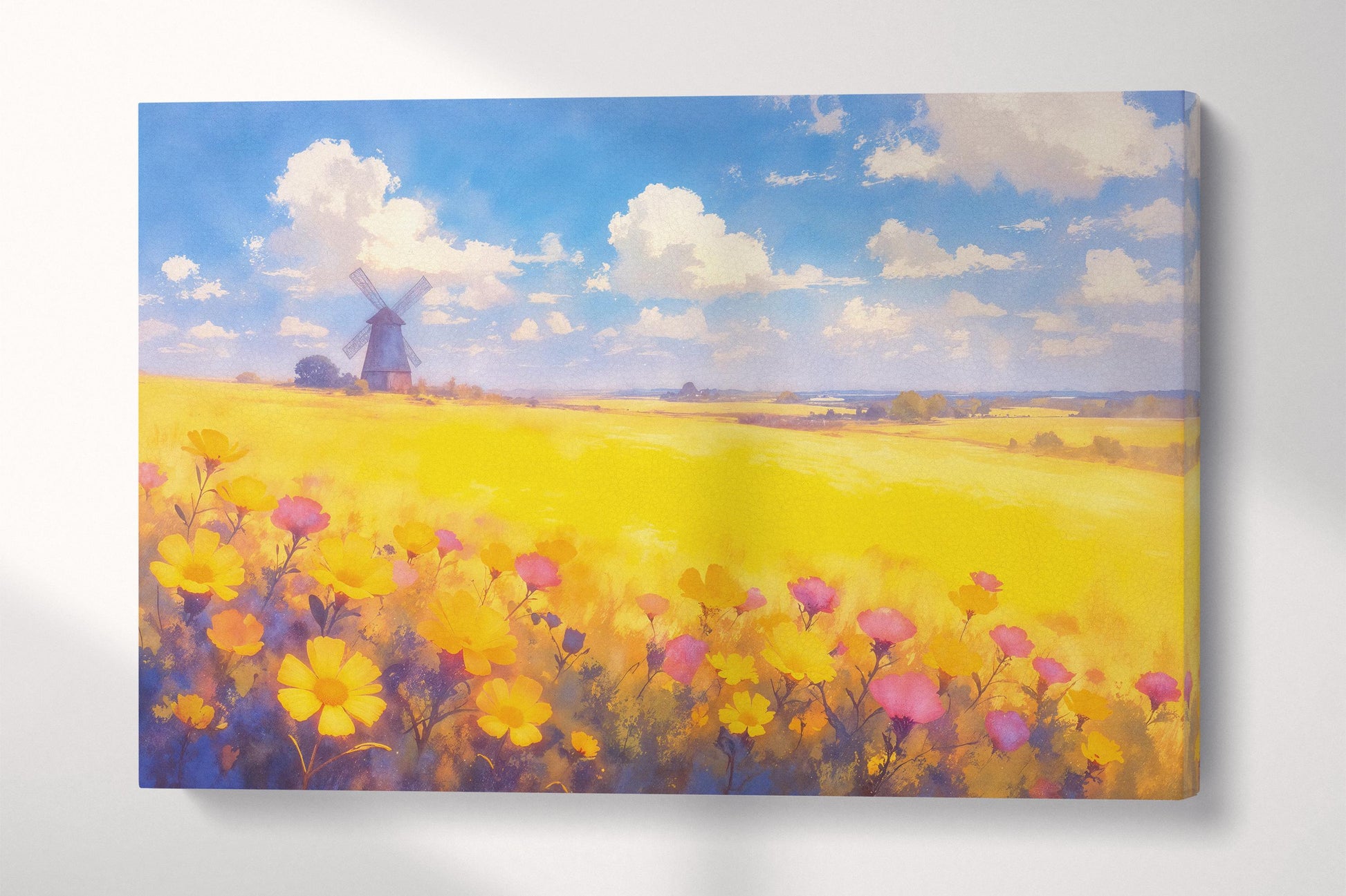 Countryside Bloom Yellow Floral Field with Windmill Wall Art Home Gift Eco Leather Print 3D