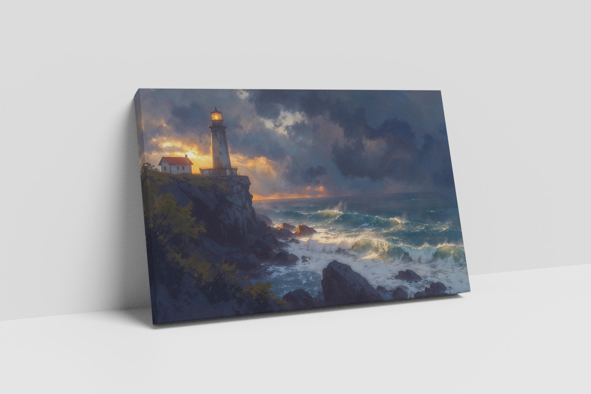 Stormwatch Beacon Dramatic Lighthouse Ocean Scene Wall Art Home Gift Eco Leather Print Floor