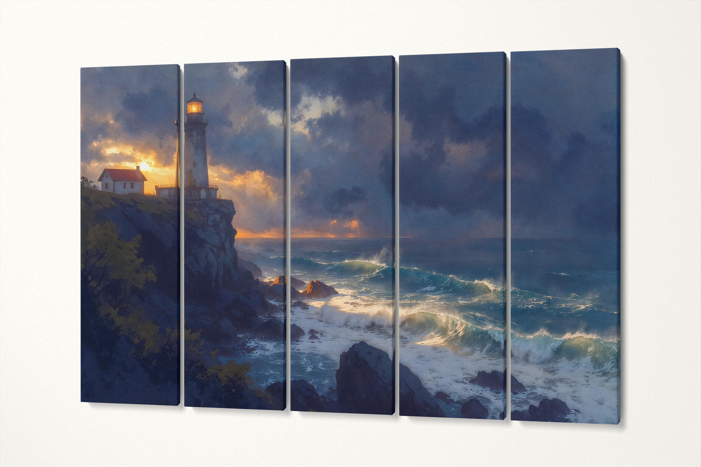 Stormwatch Beacon Dramatic Lighthouse Ocean Scene Wall Art Home Gift Eco Leather Print 5 Panels